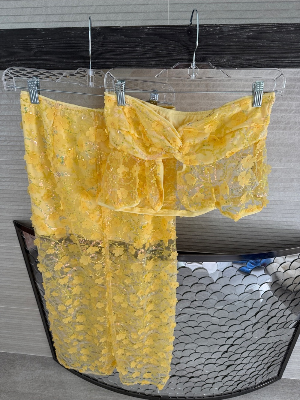 Yellow Floral Lace Maxi Skirt set